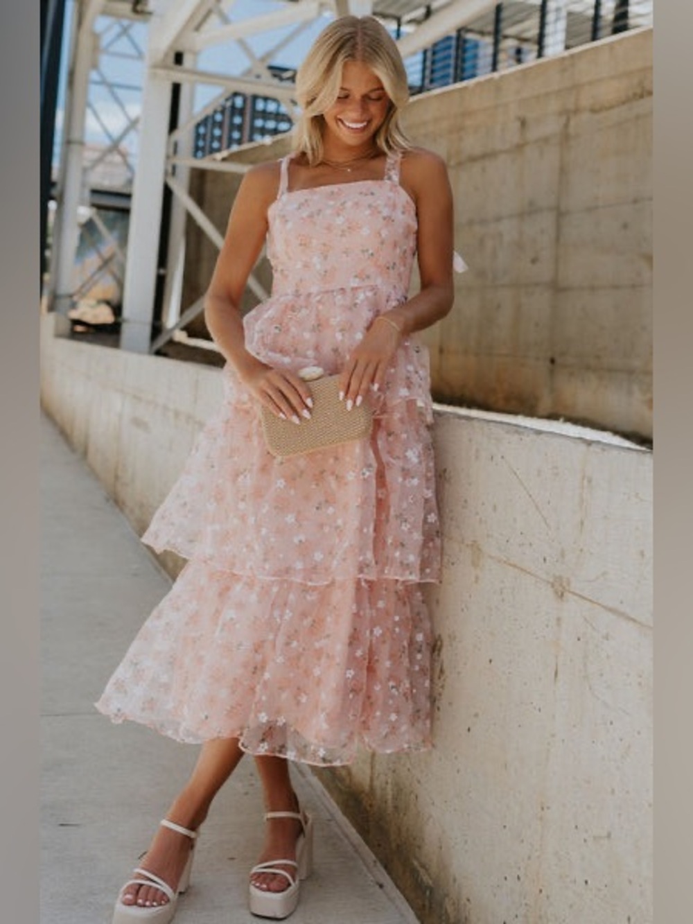 One Loved Babe Peach Blush Floral Tiered Midi Dress Junior's Large Cottagecore